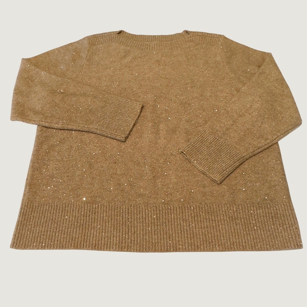 Loft Womens XXL Gold Metallic Sequin Knit Crew Neck Sweater Tan Festive 2X Glam